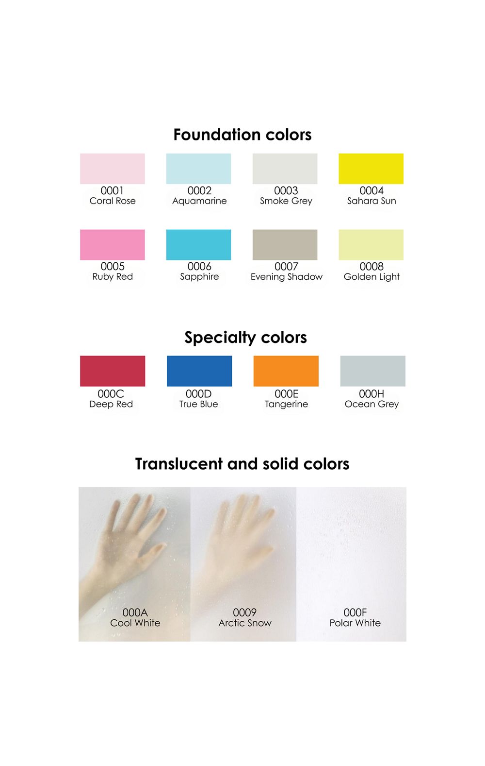 Vanceva color palatte showing foundation, specialty, translucent, and solid colors. 